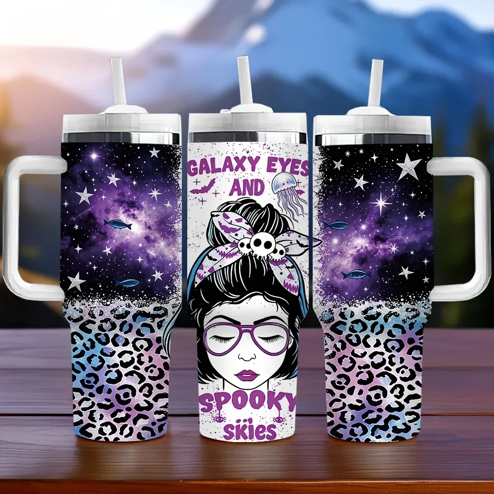 40Oz Insulated Tumbler with Handle, Galaxy Eyes And Spooky Skies Printed, Perfect Holiday And Birthday Gift, Suitable for Daily Use And Outdoor Activities, Long-Lasting Heat Preservation