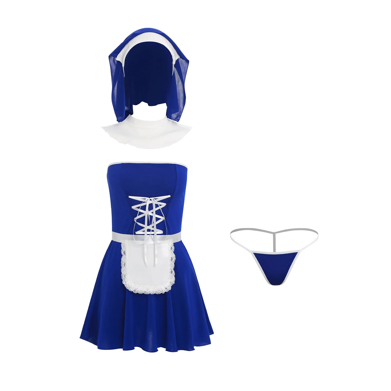 

Women Nun Maid Cosplay Lingerie Set Halloween Dress Up Strapless Mini Dress and T-back Thong Headwear Apron Sets Party Clubwear