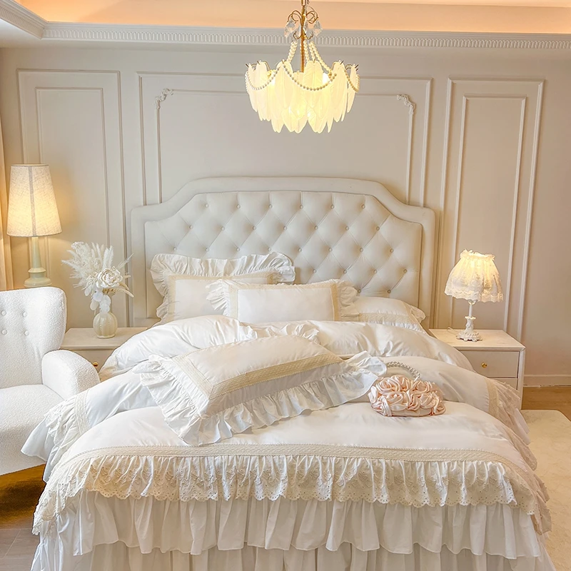 French Romantic Sweet Princess Style 100% Cotton Bed skirt 4Pcs Pink White Tiered Ruffle Cake-Skirt Duvet Cover Set Pillowcase