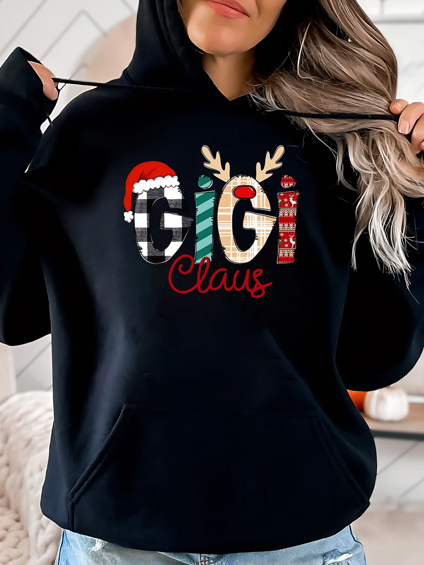 

Gig Claus Christmas Print Hoodie Women Holiday Party Casual Wear Black Plus-Size