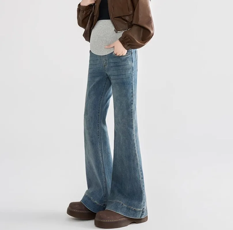 Pregnant Women Denim Flared Pants Maternity High Waist Belly Support Slim Fit Jeans Spring Autumn Casual Pregnancy Clothing