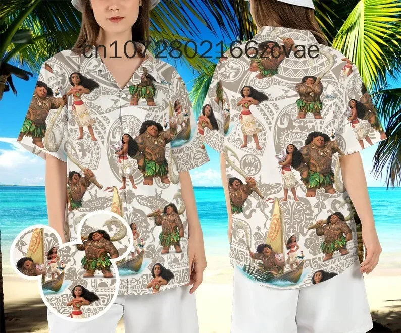 2024 New Disney Moana Princess Hawaii Shirt Men's and Women's Button Disney Hawaiian Shirts Casual Fashion Street Shirts