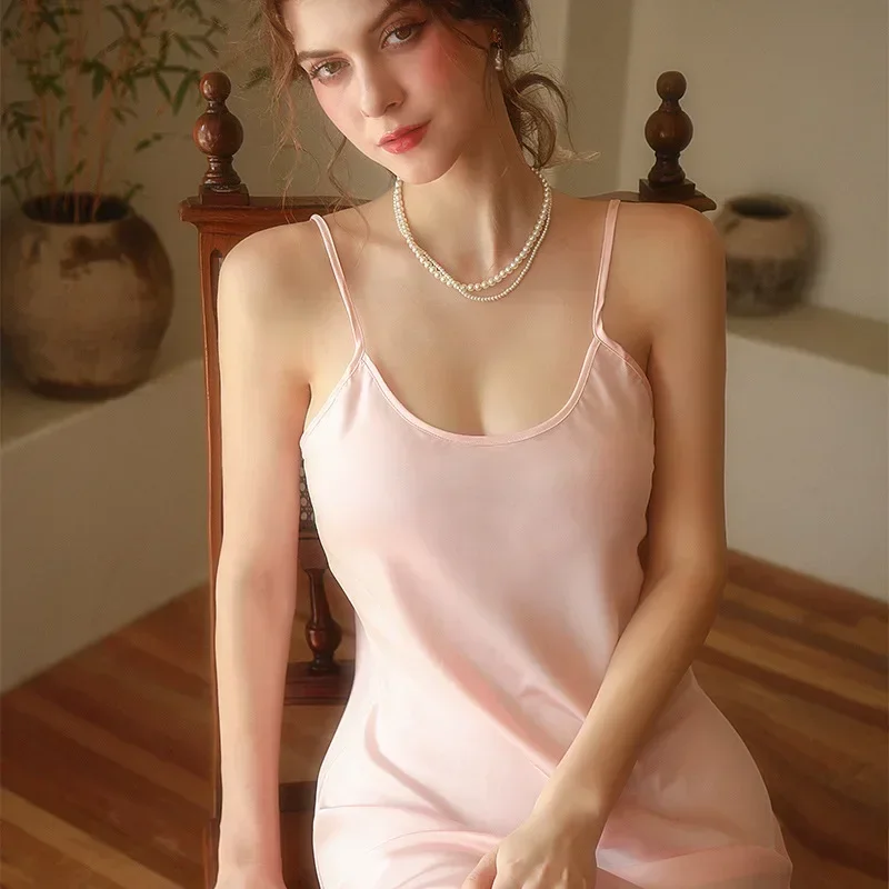 

Sexy Sleepwear Women Solid Silk O-Neck Nightgown Soft Satin Lingerie Night Dress Sleeveless Sleepwear Female Clothes