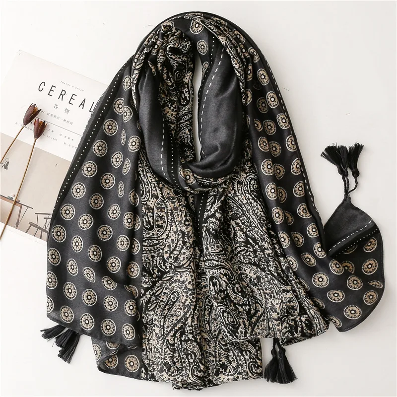 Soft Linen Cotton Scarf Shawls Women Luxury Premium Foulard Femme Long Spotted leopard print Tassel Scarfs Scarves Echarpe