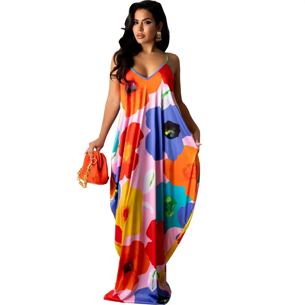 SMR10526 فستان صيفي غير رسمي بدون أكمام ورقبة على شكل حرف v للنساء فضفاض مناسب على الطراز الأوروبي والأمريكي وصول جديد