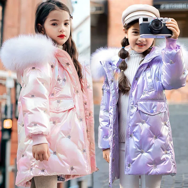 

2023 New Winter Keep Warm Girls Jacket 4-12 Years Old Fashion Letter Glossy Anti-Stain Hooded Thick Coat For Kids