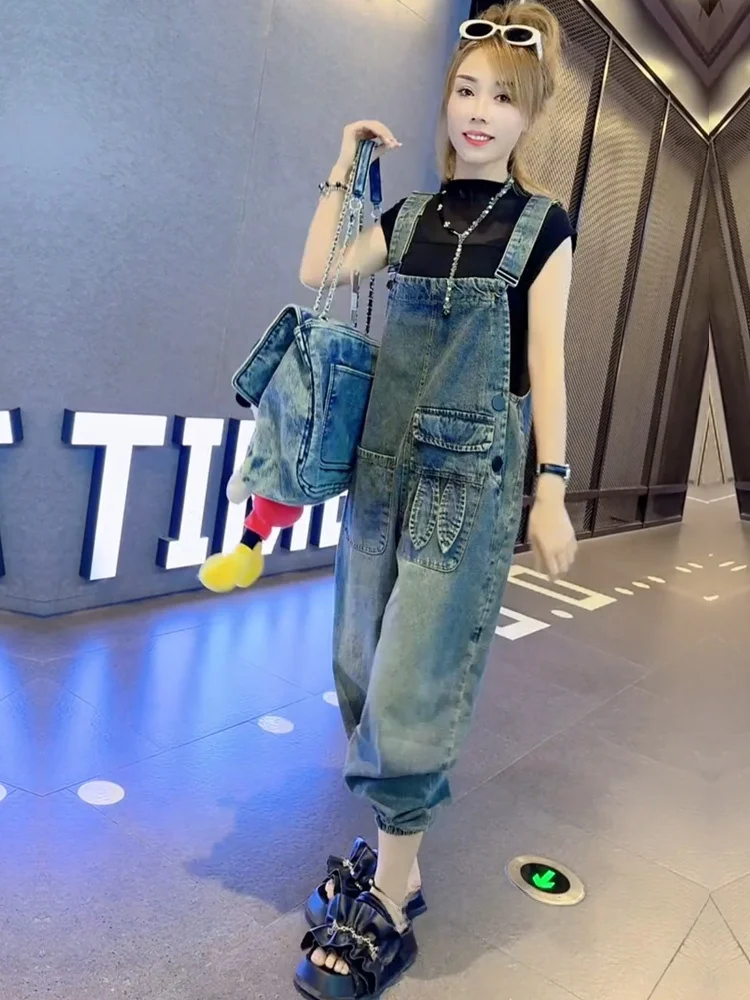 Retro Waed Denim Overalls Women's Loose Fit Spring New Sle plus Size Casual One-Piece Pants Denim Blue Long Trousers