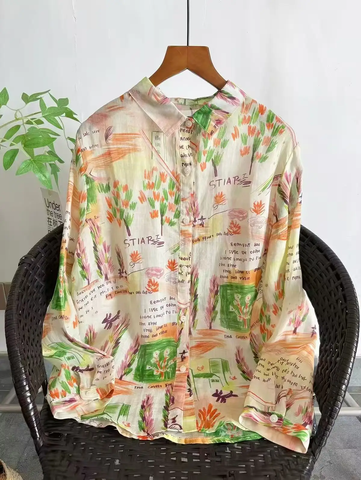 Women 100% Ramie Botanical Flower Shirt White Base Multicolor Small Floral Pattern Long Sleeve Tops Breathable Button Up Blouse
