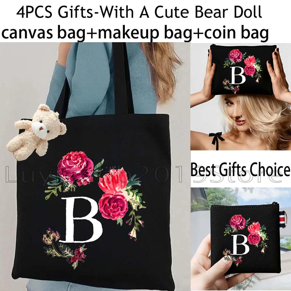 4PCS Cute Gifts Floral Monogram Flowers Initial Letter Black Canvas Tote Bag Handbag,Cosmetic Makeup Bag,Coin Purse Wallet Pouch