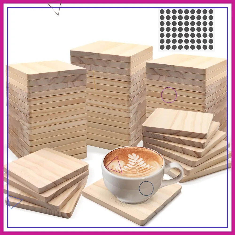

60 PCS 4 Inch Unfinished Square Wood Coasters with Non-Slip Foam Pad for DIY Burning Painting Home Decoration