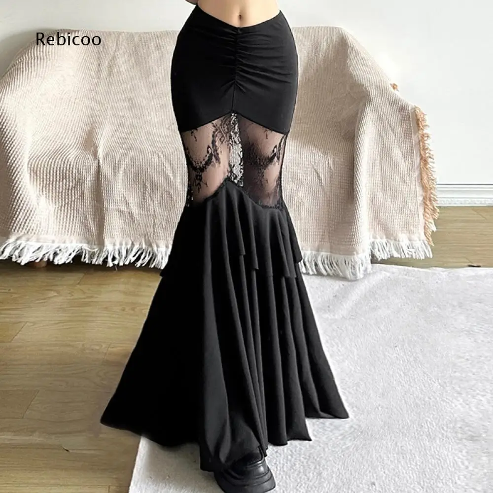 Ladies High Waist Mermaid Maxi Skirt Ruched Front Lace Mesh Insert Layered Ruffle For Dating And Nightclub Outfit Combinations