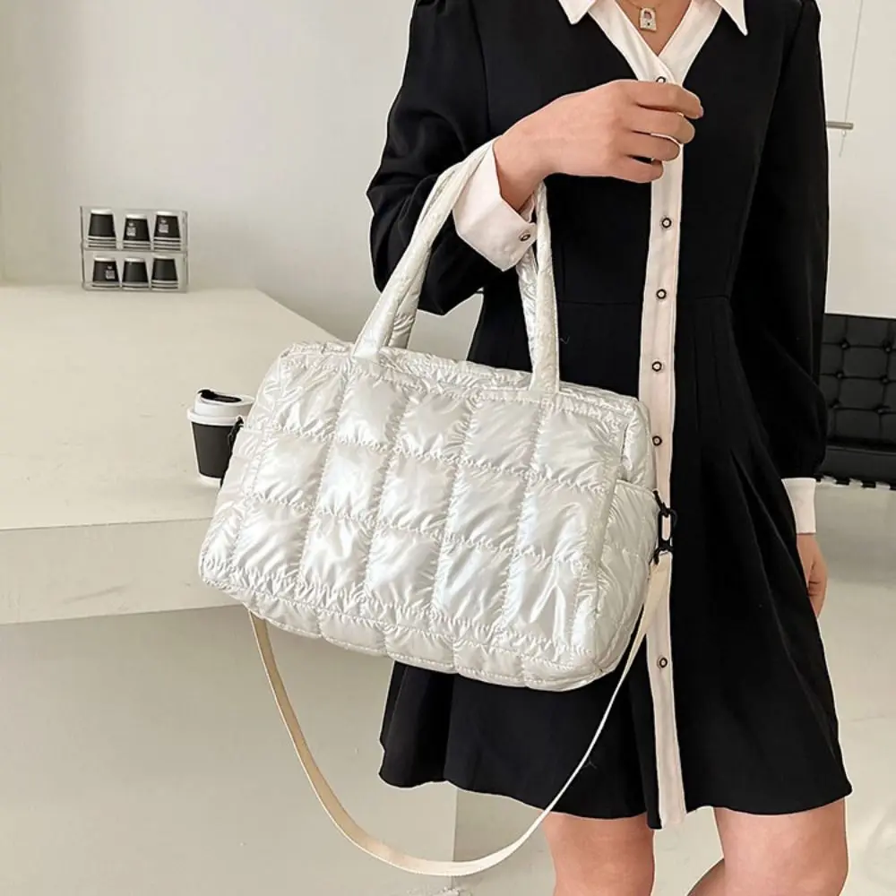 

Korean Style Bright Space Cotton Tote Bag Large Capacity Plaid Cloud Crossbody Bag Down Silver Nylon Handbag Office Worker