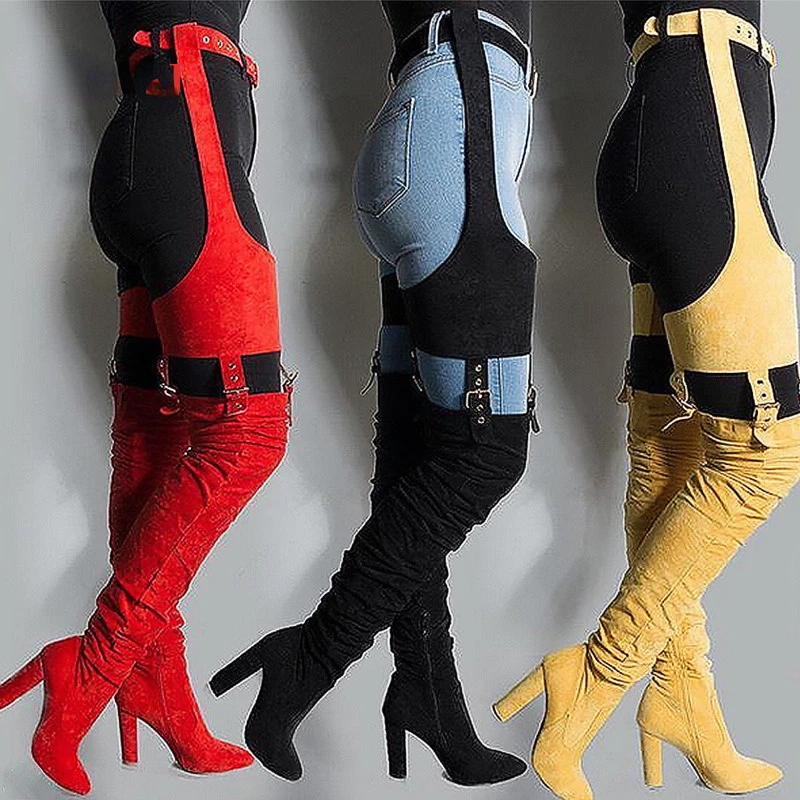 Women Sexy Block Heels Thigh High Boots Belt Buckle Army Boots Thick Heel Over The Knee High Boots 2022 Winter Lady Shoes