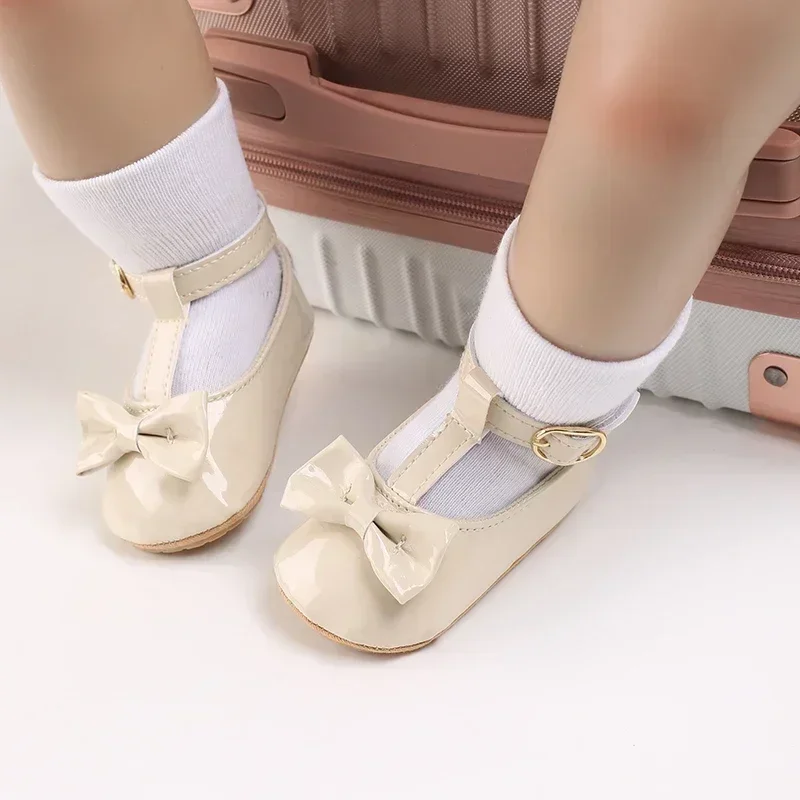 Newborn Apricot Soft and Sweet Princess Shoes for 0-1 Year Old Girl with Bow and Adhesive Sole Outdoor Anti slip Walking Shoes