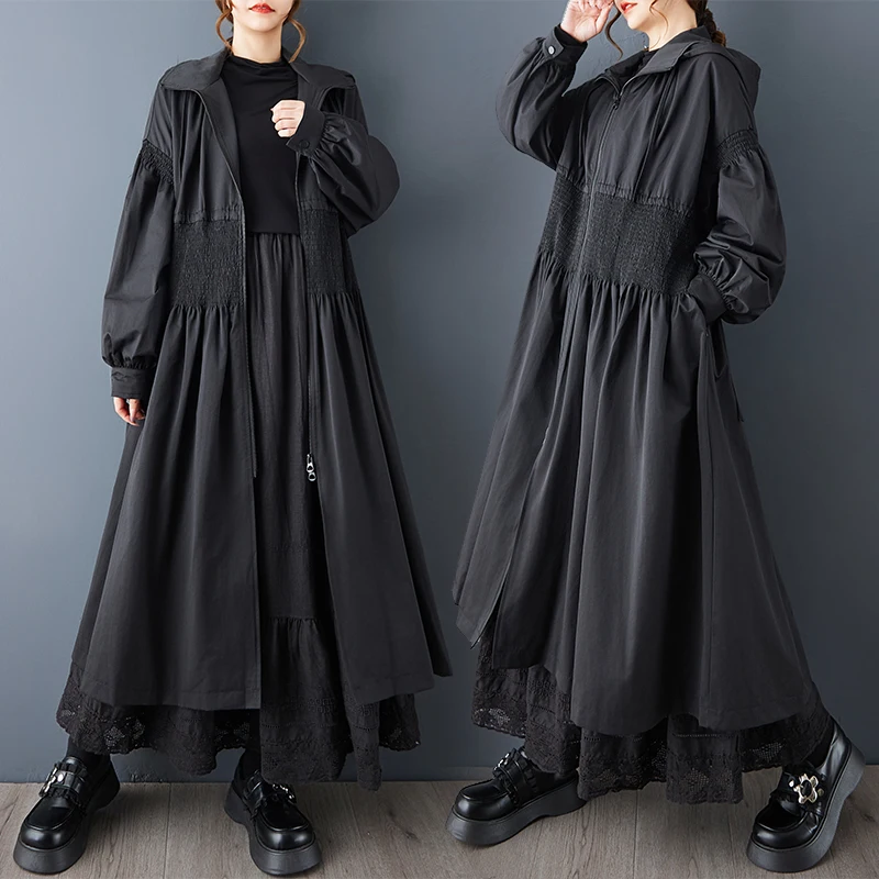 

K Sle двухслойное пальто с капюшоном, универсальное свободное пальто для похудения, верхняя одежда средней длины для женщин, осень 2024, полиэфирное волокно