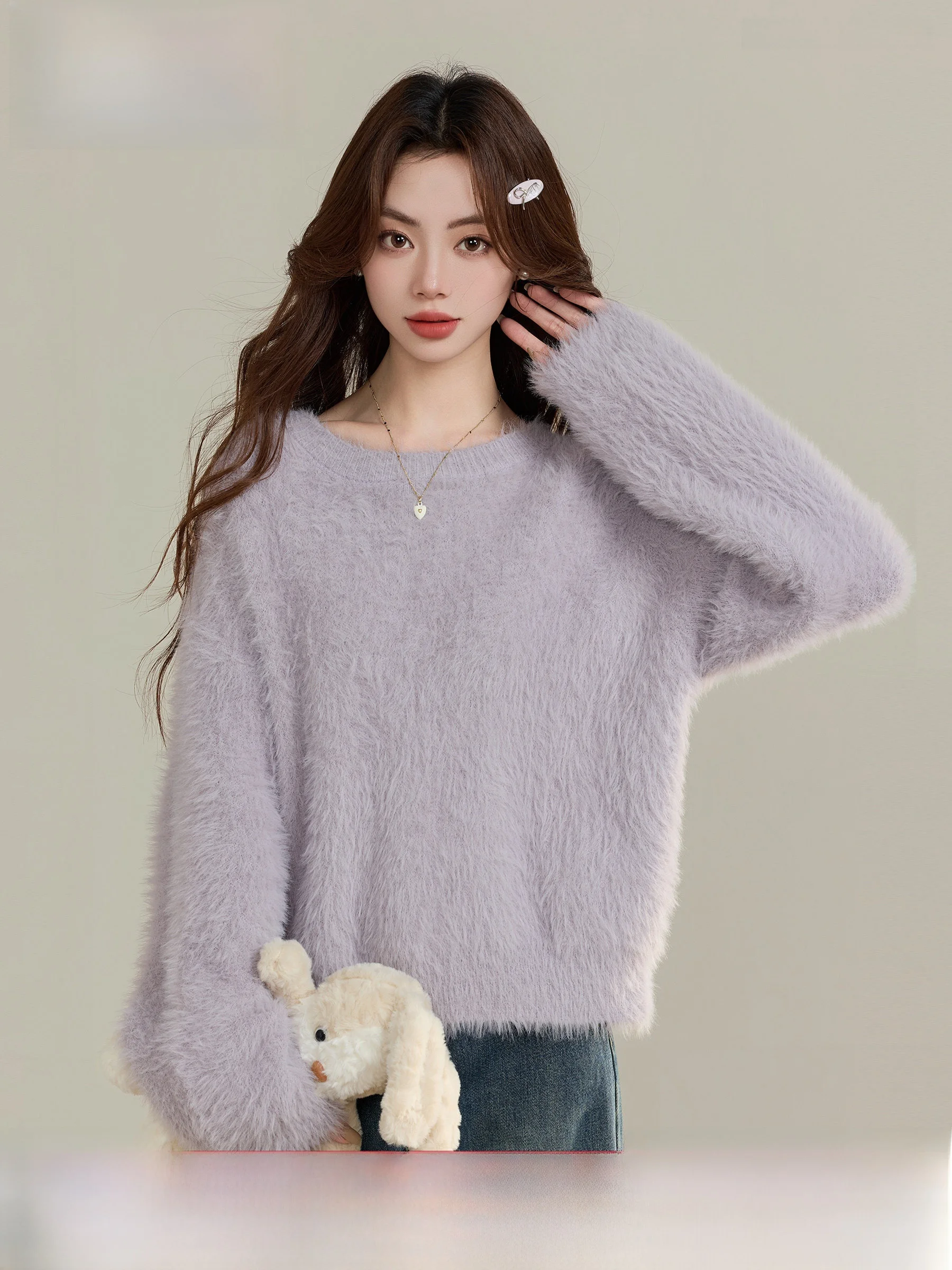 

Женский фиолетовый свитер из бархата с рюшами, свободного кроя, с длинными рукавами, теплый вязаный топ для осени и зимы, модный, из полиэстера