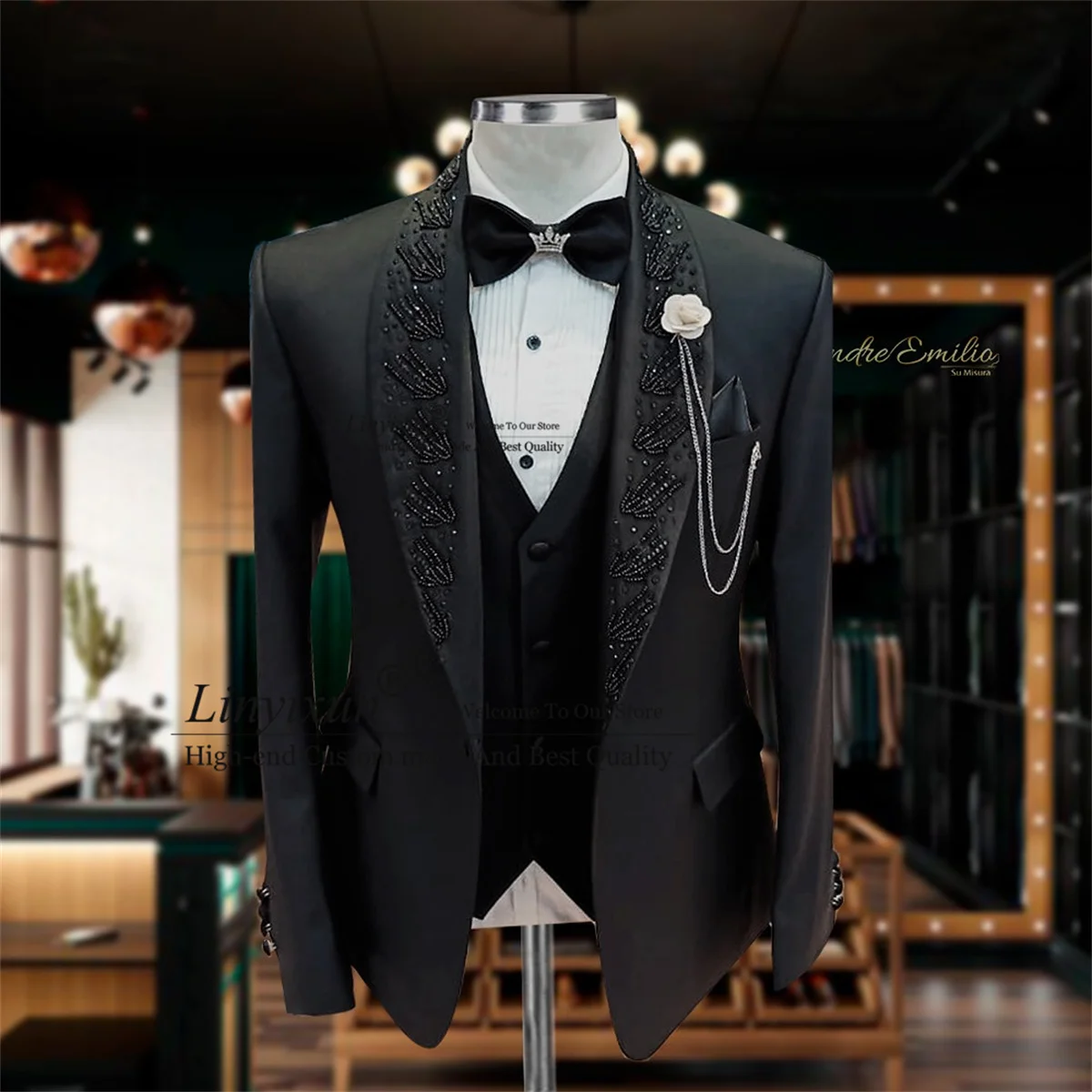 Stunning Metallic Jewelry Ornament Tuxedo Men Suit Shawl Lapel Groom Male Prom Blazer 3 Pieces Set Wedding vestidos de novia