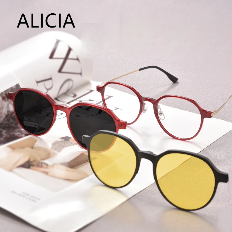 

ALICIA Man Woman Magnetic Clip-on Glasses Polarized Sunglasses Round Fashion Retro Eyeglasses Optical Prescription Frames