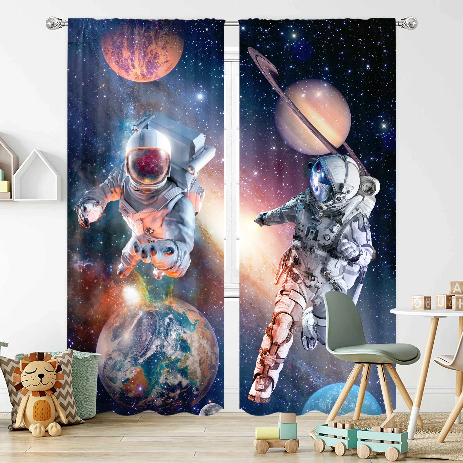 Cartoon Outer Space Astronaut Curtains 2pcs Window Treatment For Bedroom Office Kitchen Living Room Home Decor Room Decoration