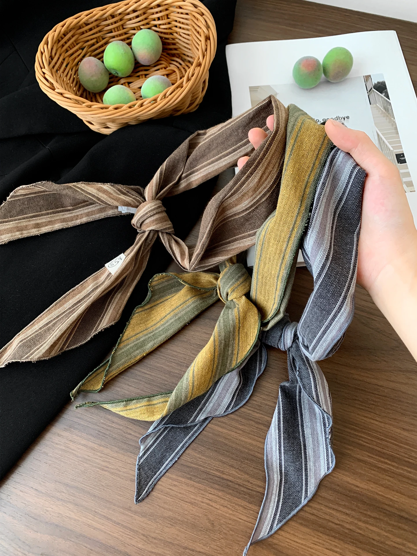 Retro Artistic Stripe Long Scarf Women's Korean Style Fashionable Necktie Small Towel Trendy Accessory Spring Autumn