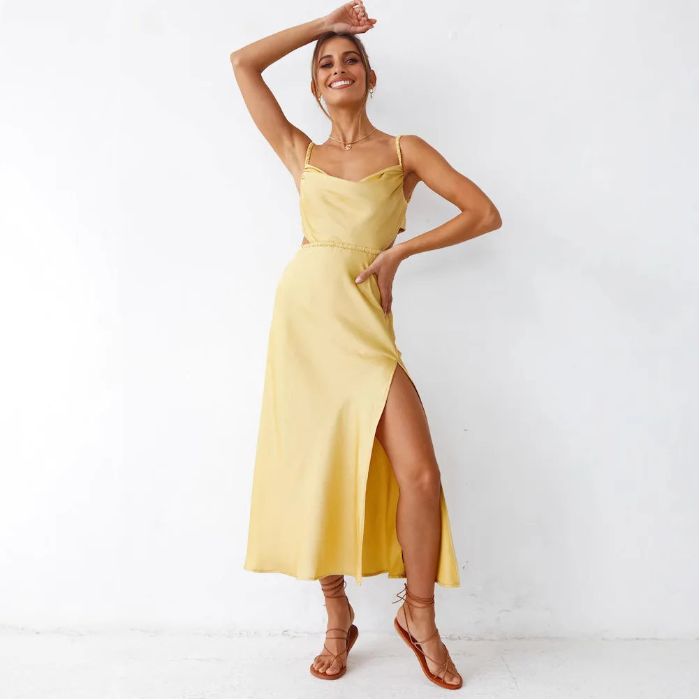 Europäischen Amerikanischen Frühling Sommer Neue Backless Elegante Büro Split Saum Doppel Schicht Leibchen Kleid