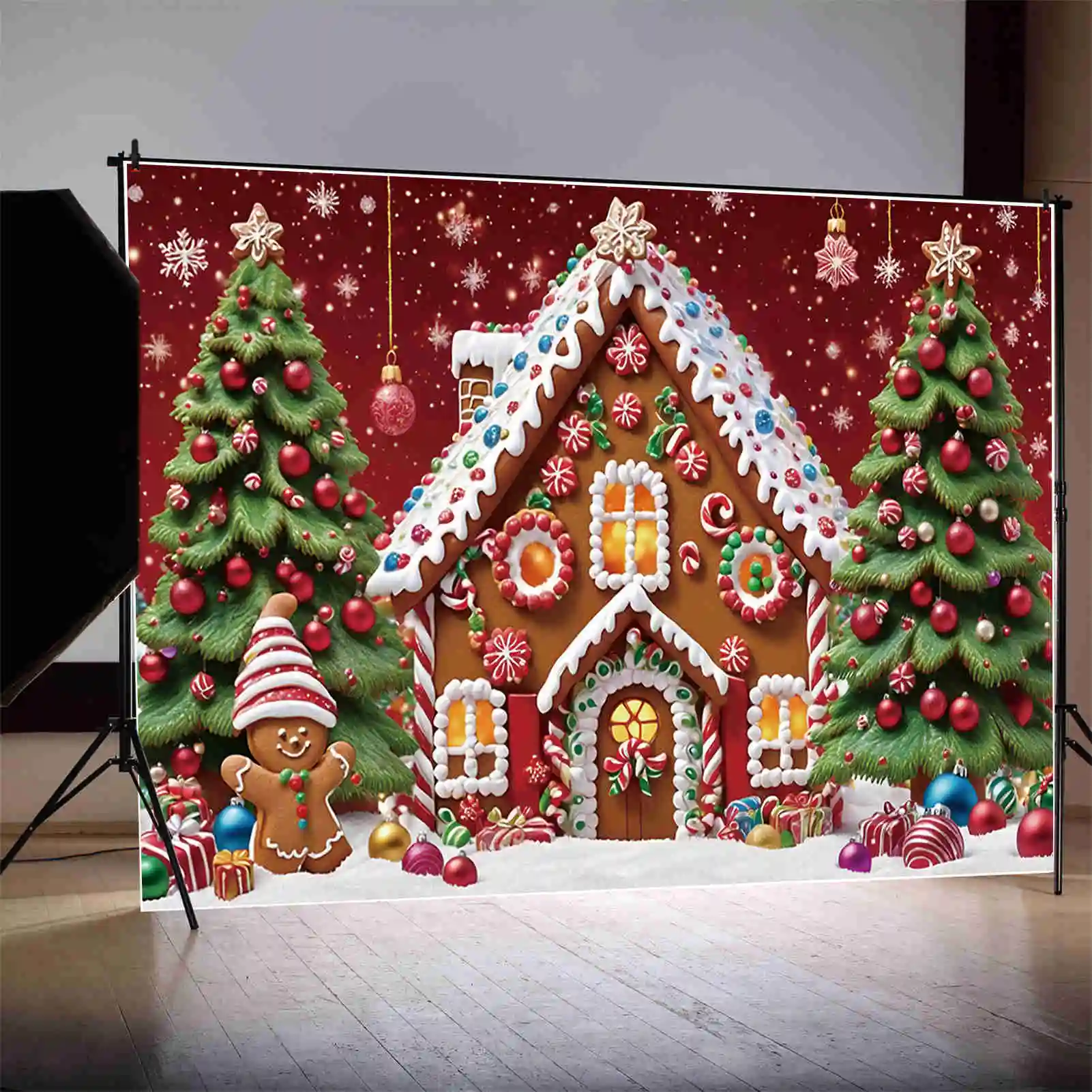 MOON.QG Children Christmas Background Gingerbread House Ornamented Tree Gift Snowflake Backdrops Party Decor Photography Props