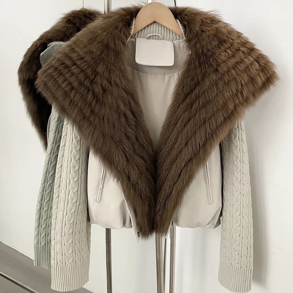 OFTBUY Wintermantel mit echtem Fuchspelzkragen, Damenjacke mit Reißverschluss, Daunenjacke, Damenjacke mit Strickärmeln, kurze Pufferjacke, dicke, warme Oberbekleidung. – Detail 4