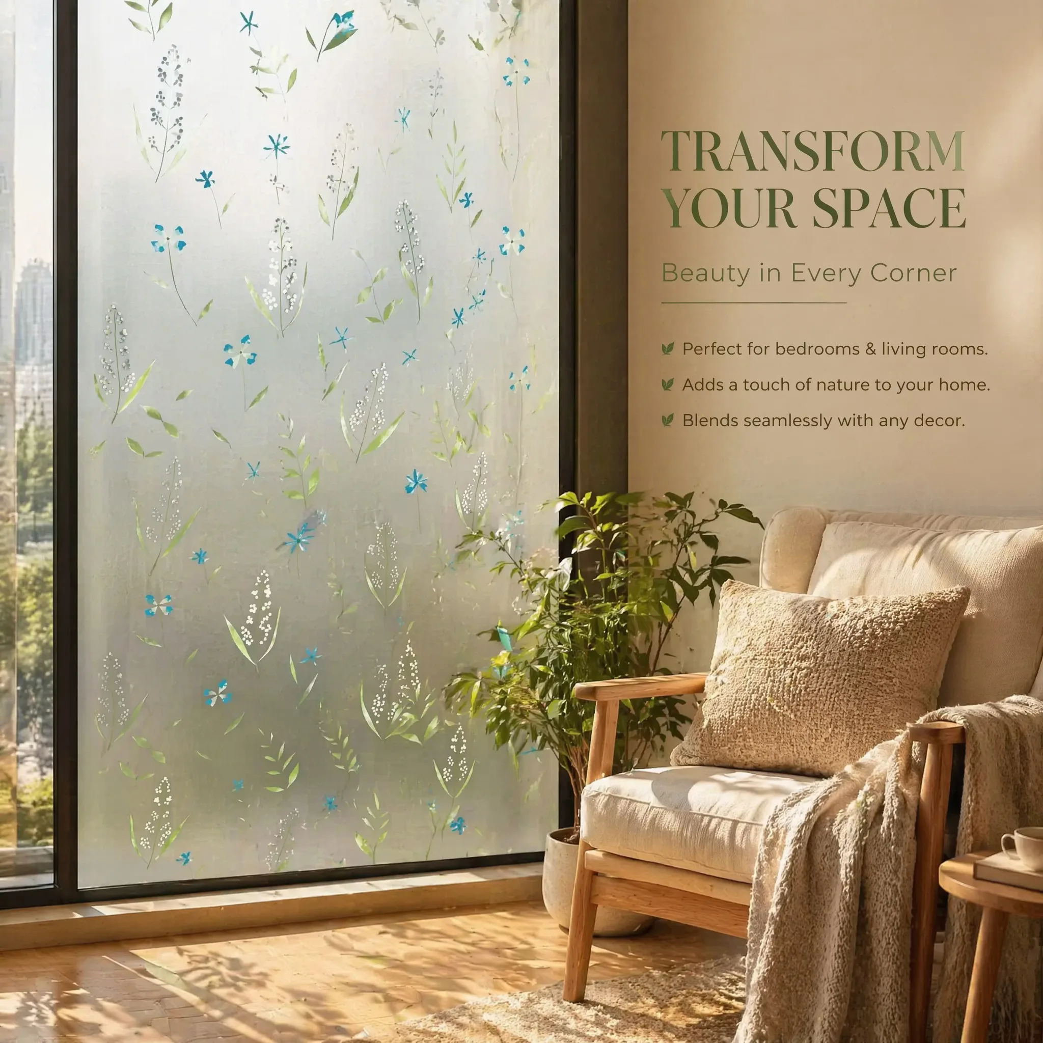Nature Green Leaf Blue Wildflower Self Adhesive Frosted Window Film 24H Privacy Protection Light Transmitting Removable Waterpro