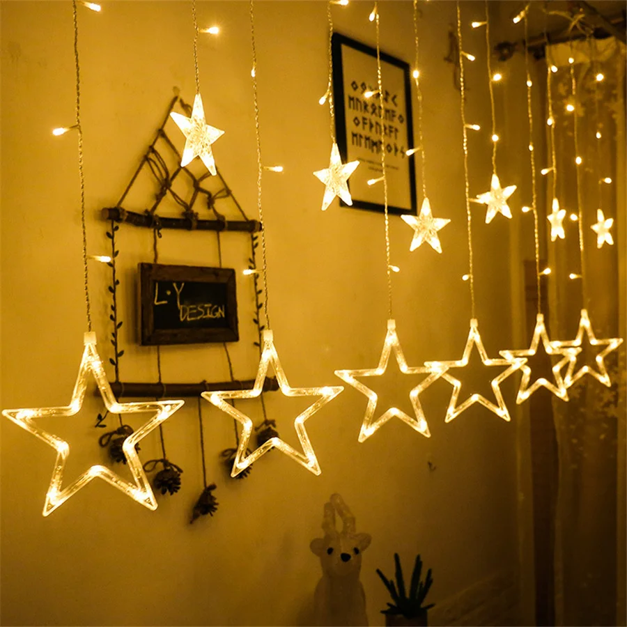 8 Modos EU Plug LED Cortina String Luzes Criativo Estrela Natal Garland Fada Luzes Ao Ar Livre para Festa de Casamento Quarto Decoração