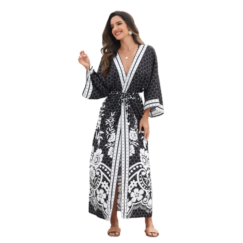 Damen-Badeanzug-Überwurf, Strand-Cardigan mit Taillenband, Blumendruck-Kimono