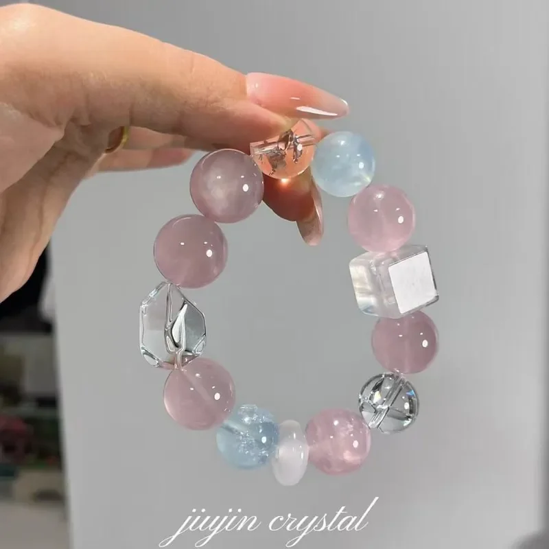 [Pounding Heart] Natural Pink Crystal White Crystal Aquamarine Agate Bracelet Women's Duobao Bracelet Wholesale Fashion