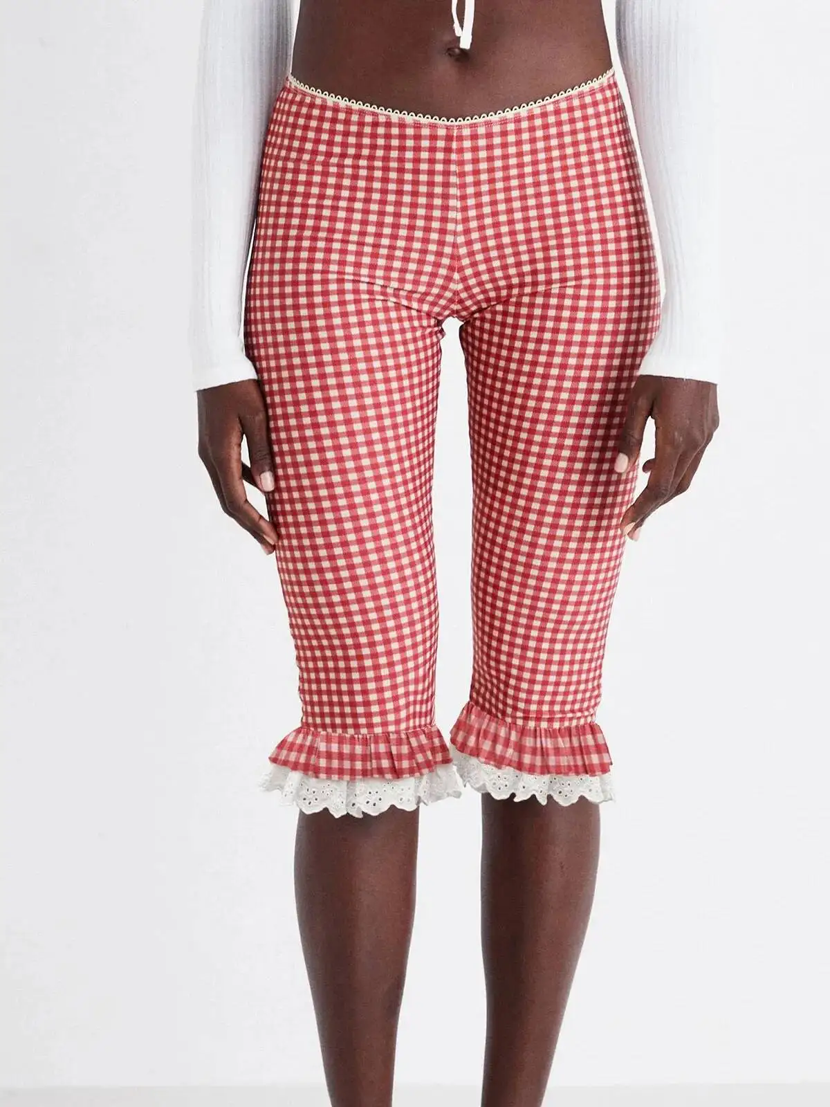 Lace Trim fashion Leggings For Women Y2K Plaid Low Waist Knee Length Crop Pants Summer Cute Going Out Tights Pants Fashion PLB6