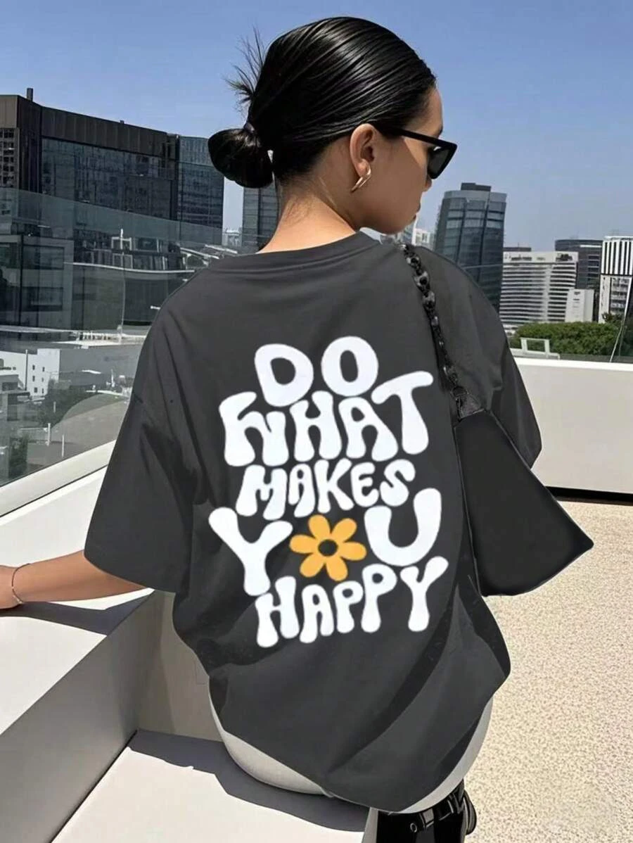 Camiseta con cuello redondo y estampado de letras y cara sonriente, camiseta sencilla informal de verano para niñas, top transpirable de manga corta