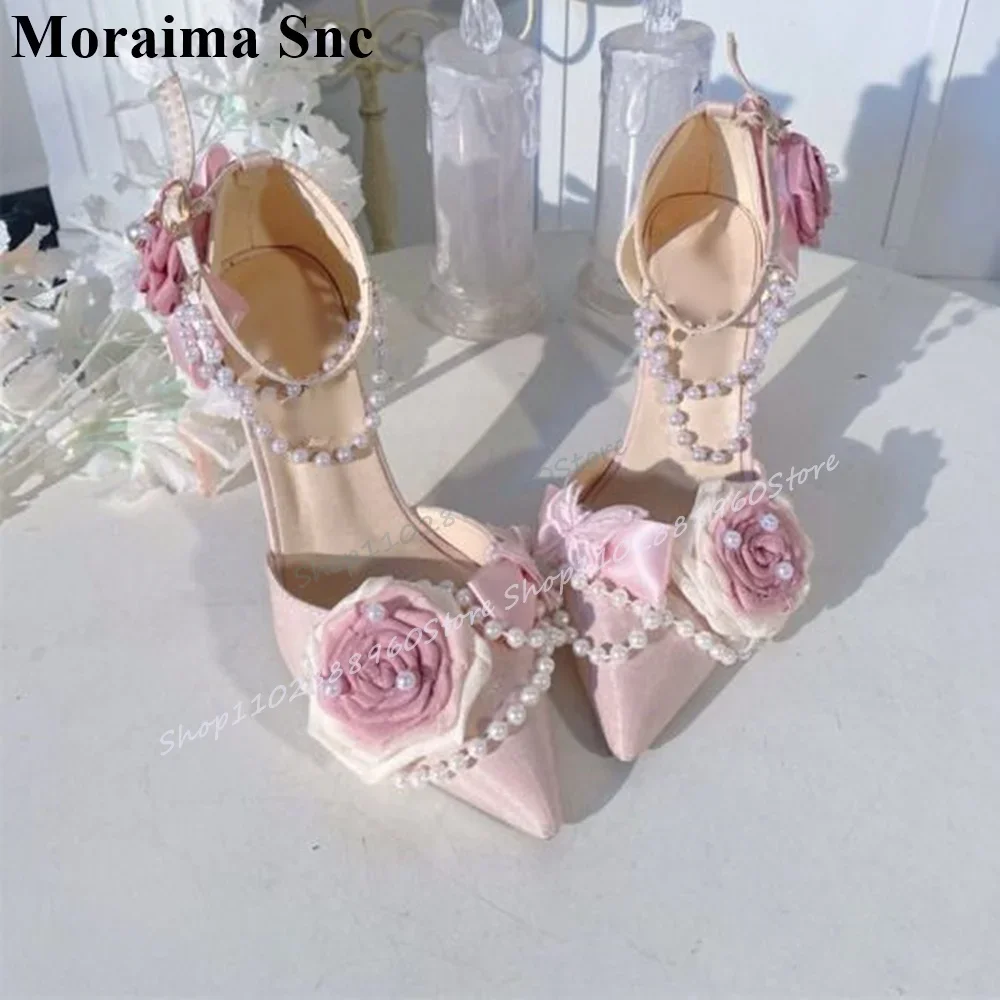Graceful Pink Pearl Rose String Beads Pumps Thin High Heel Women Shoes Ankle Buckle Strap Pointed Toe 2025 Zapatos Para Mujere