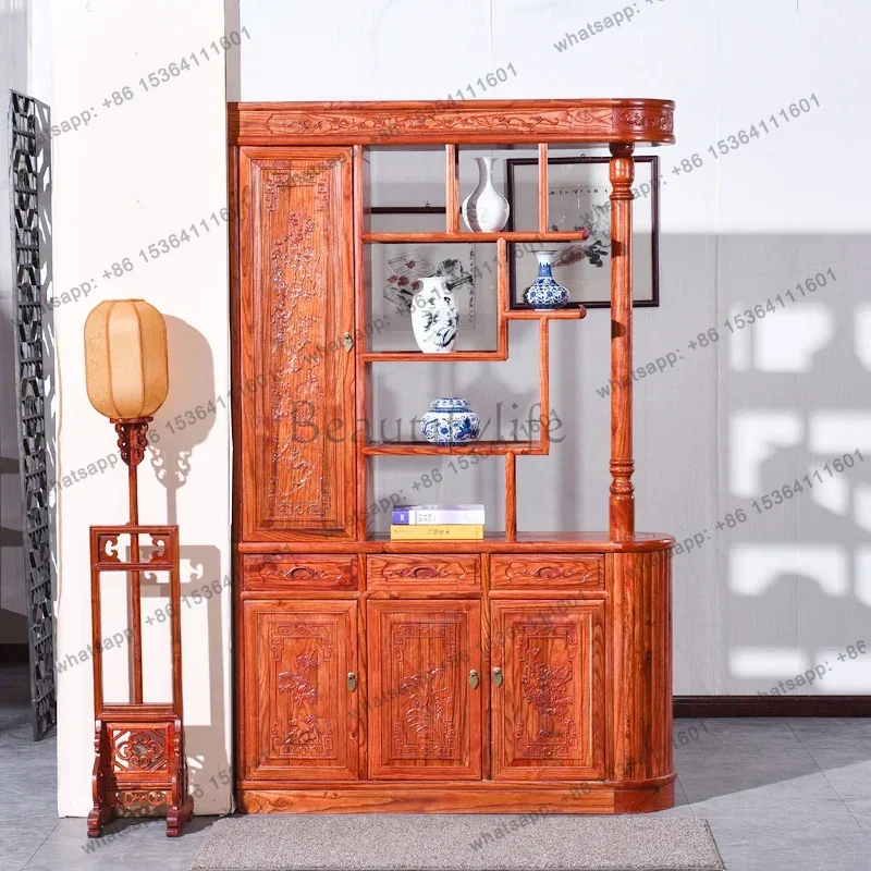 

New Chinese-style solid wood porch cabinet screen antique double-sided engraving enters the door shoe cabinet living room