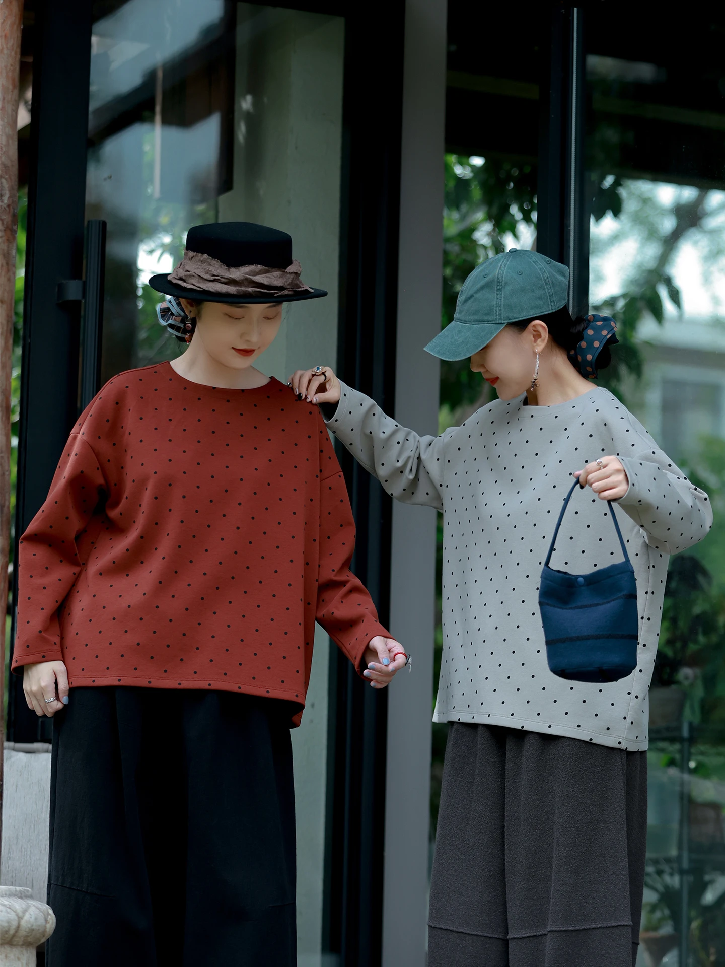 

Artistic Vintage Long Sve T-irt Double Knit Loose Fit round Ne Q Elastic Polka Dot Slimming Casual Cotton Blend T-irt