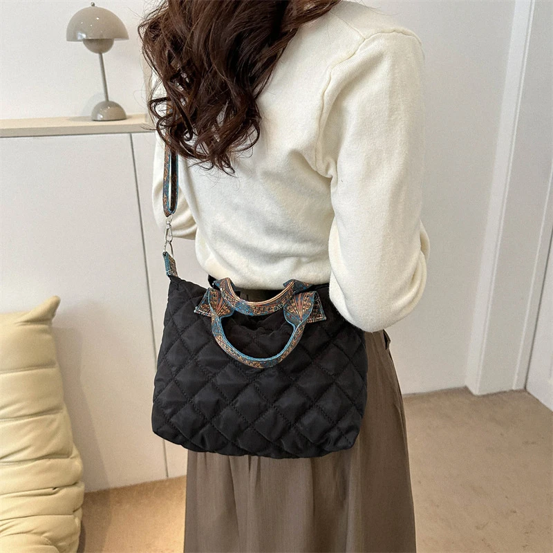 Women Wide Shoulder Belt Handbag Fall/Winter Rhombus Space Cotton Shoulder Bag Large Capacity All-Match Shopping Tote Bag