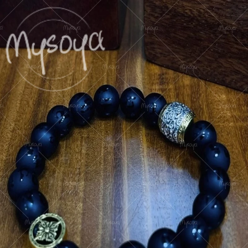 

MYSOYA Natural Six-character Motto Black Agate Bracelet 10mm Unisex Jewelry, with Gift Box Na19