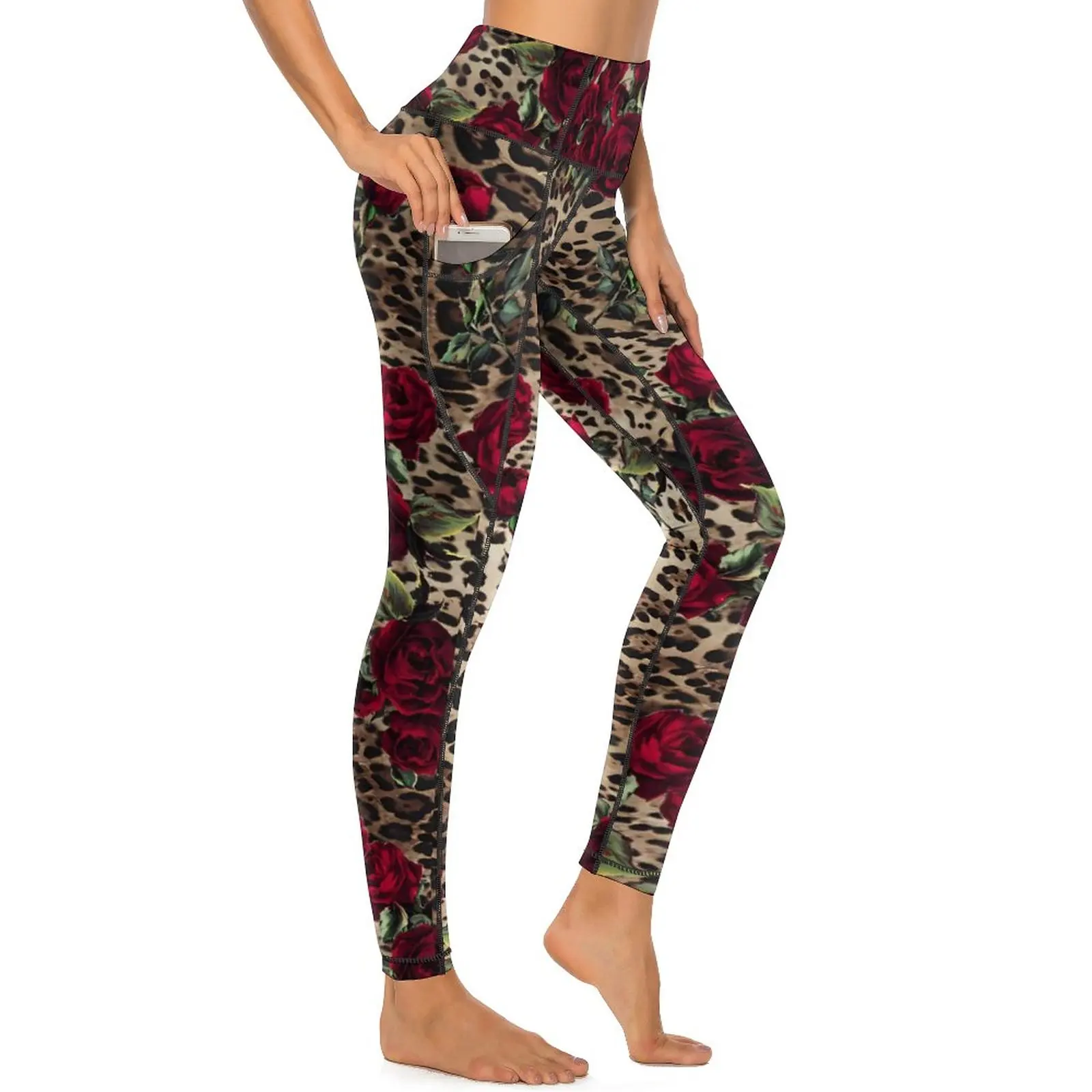 Floral Leopard Print Yoga Pants Sexy Red Roses Pattern Leggings High Waist Gym Leggins Female Sweet Quick-Dry Sports Tights