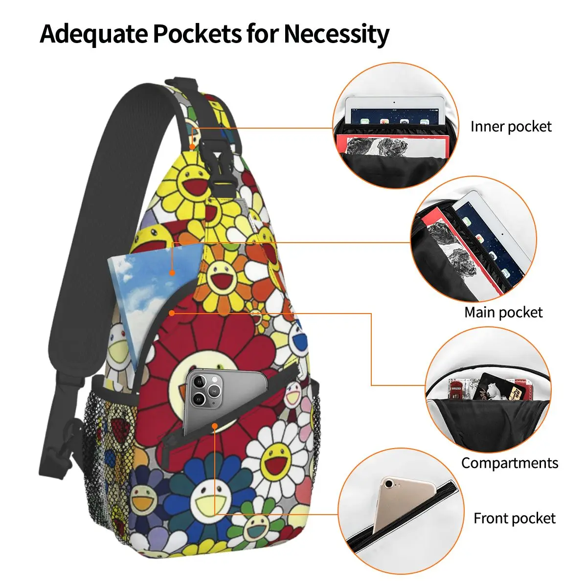 Happy Flowers Crossbody Sling Bags Pattern Chest Bag Sunflower art Shoulder Backpack Daypack for Travel Hiking Camping Satchel