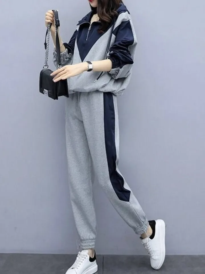 Fall 2026 plus Size Women's Fashion Casual Patchwork Long Sleeve Sweatshirt Elastic Waist Long Pants Set Two-Piece Set
