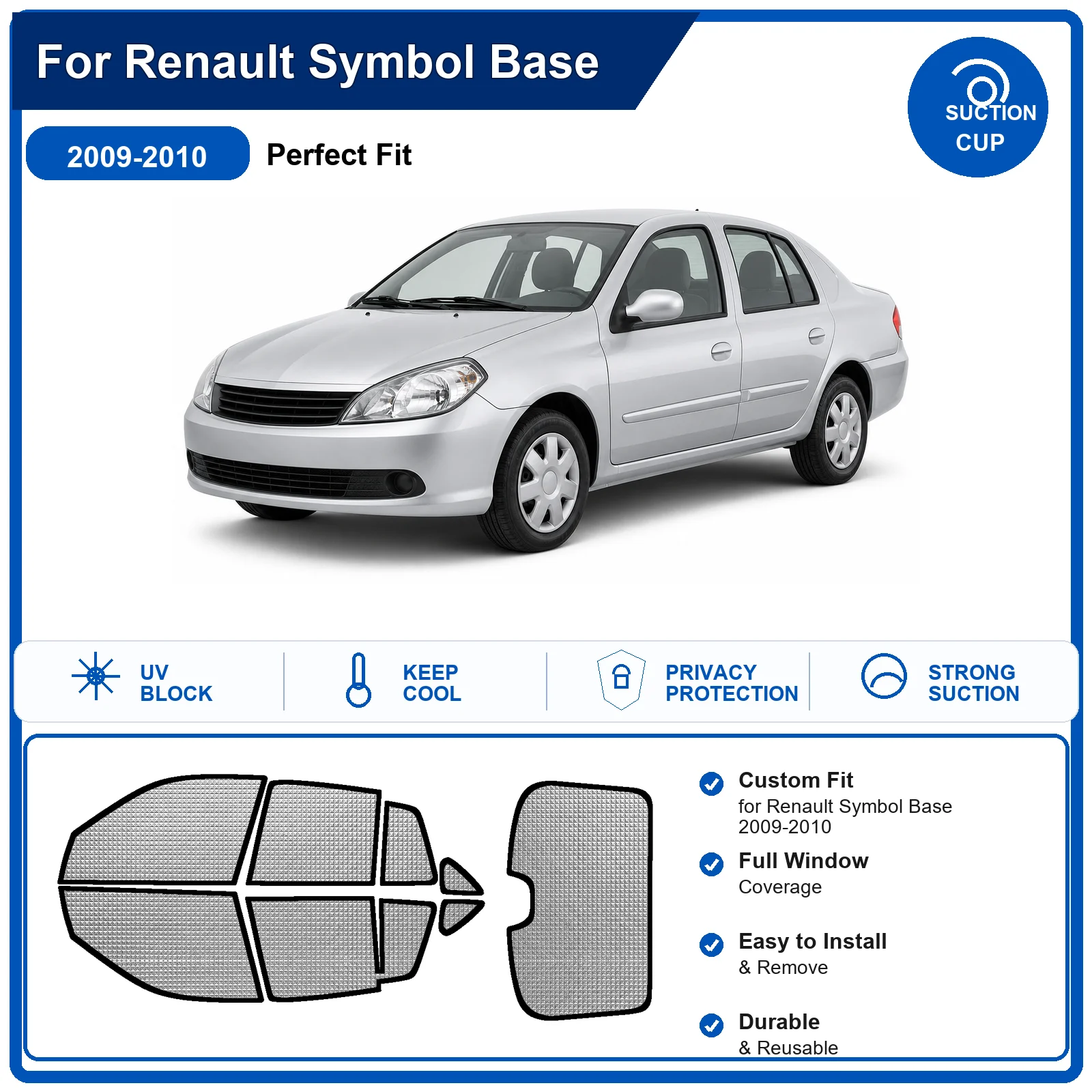For Renault Symbol Base 2009-2010 Custom Full Set Windshield Sun Shade Aluminum Foil Heat Insulation Anti UV Foldable