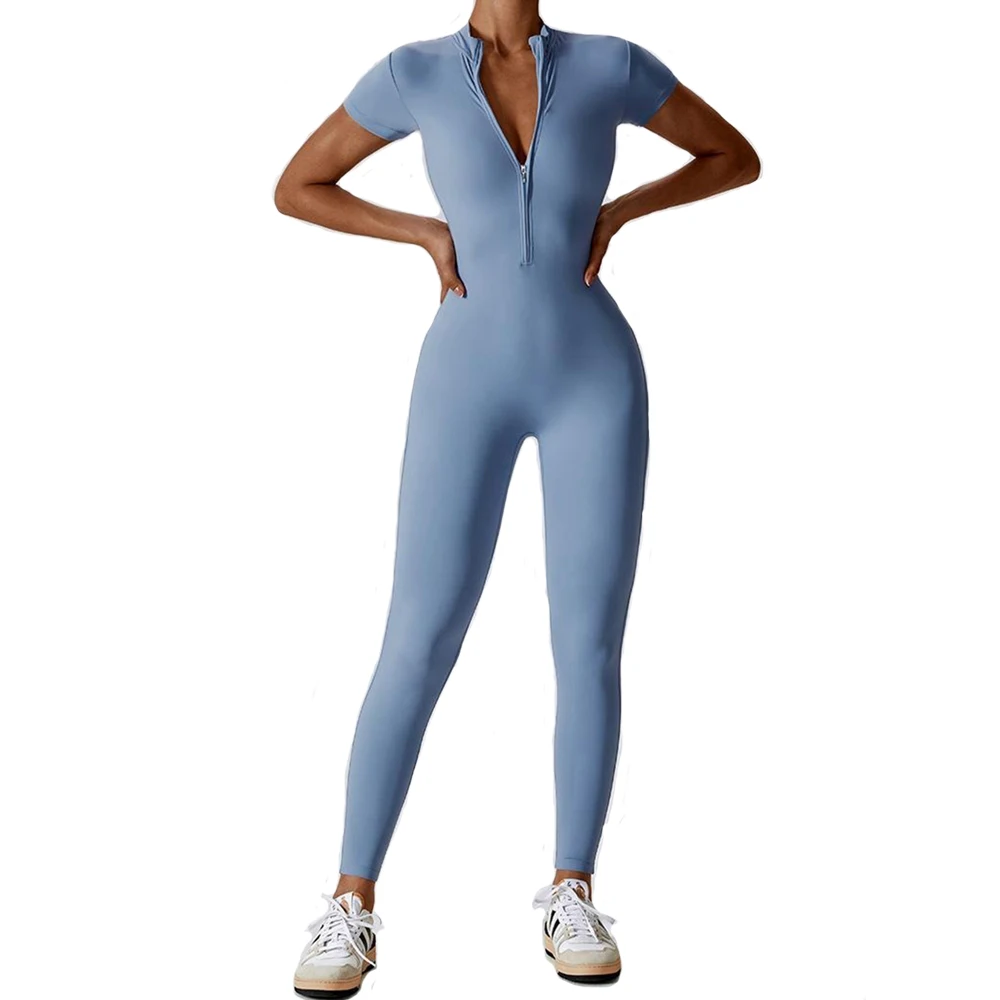 Combinaisons de Yoga à manches courtes pour femmes, coupe cintrée, extensible, une pièce, barboteuse Sexy, Fitness, fermeture éclair élastique, vêtements de sport, bleu ciel