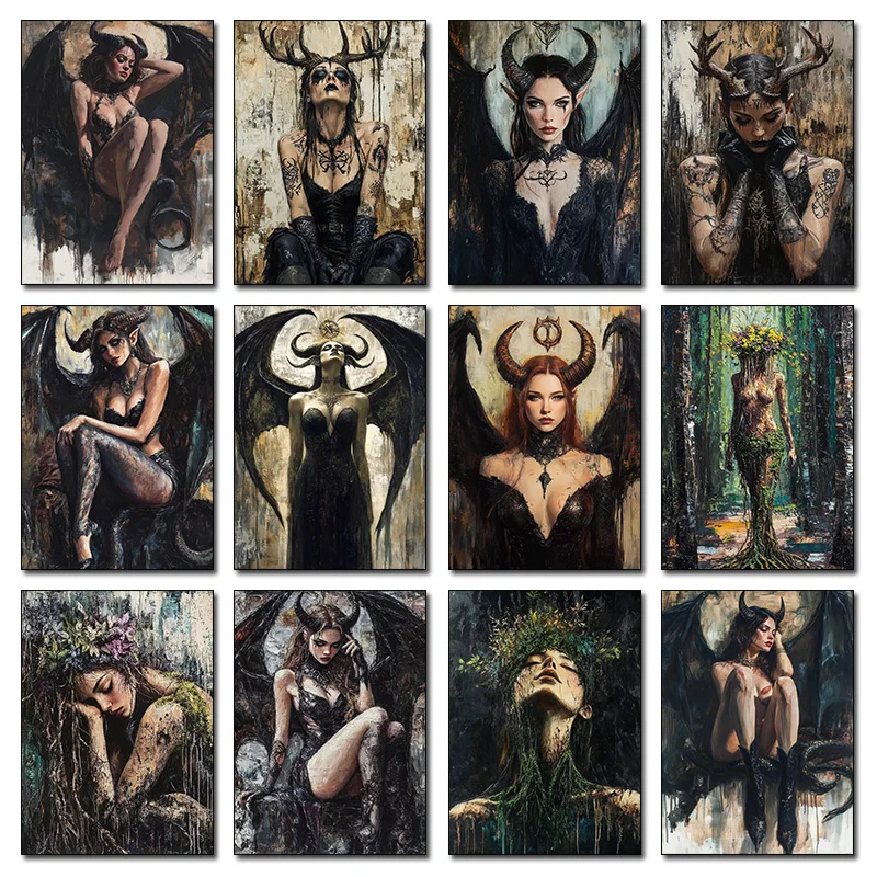 Belle impression d'art Lilith, déesse cornée, dieu féminin sexy avec des ailes de dragon noir, peinture décorative imprimable, affiche de fantasy sombre