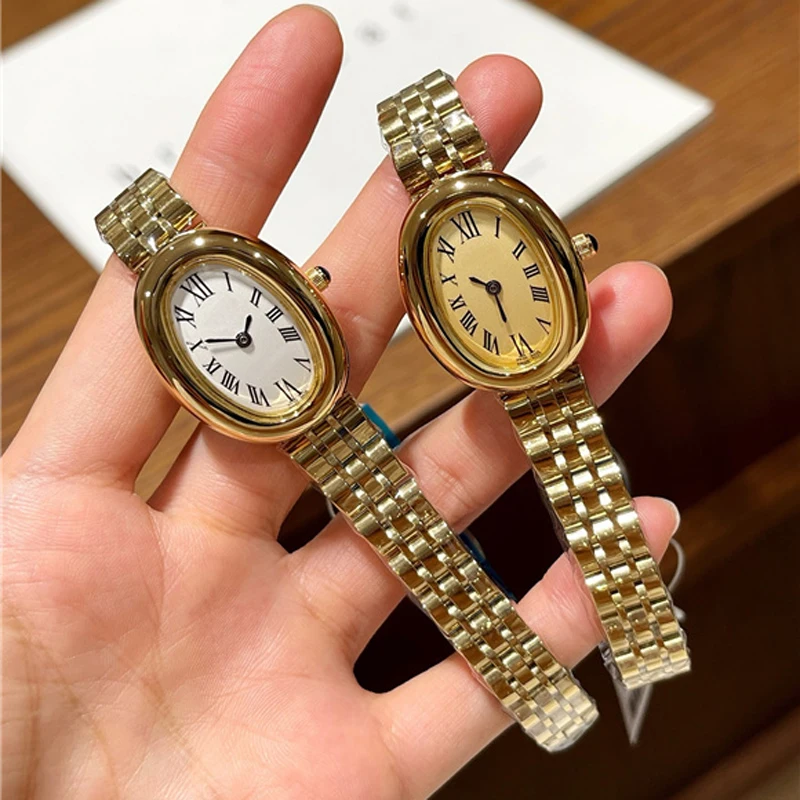 أزياء العلامة التجارية ساعات المعصم امرأة فتاة البيضاوي نمط الكوارتز الصلب المعادن الفرقة الفاخرة على مدار الساعة CA190
