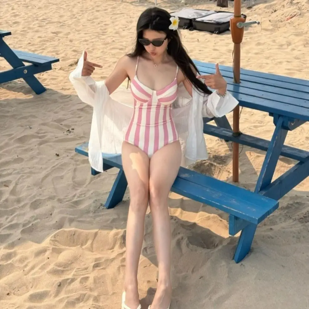 Retro Stripe Women Swimming Suit Belly Cover Up Pink Striped Girls Swimwears Hot Spring Chest Gathered Sports Swimsuit Summer
