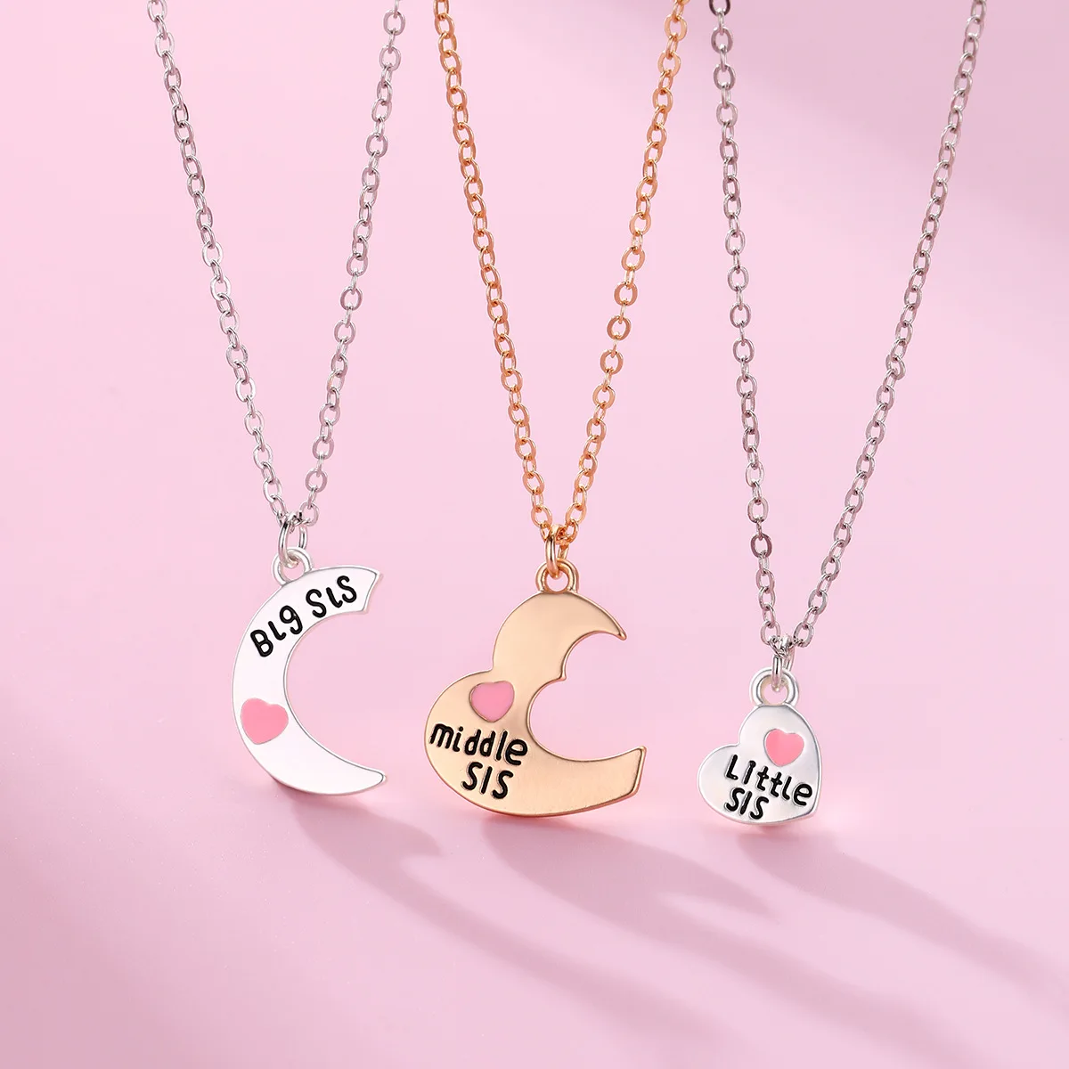 Lovecryst 3Pcs/set Big Sis Middle Sis Little Sis Love Splicing Moon Heart-shaped Best Friend Necklace for Kids Girls BFF Gifts