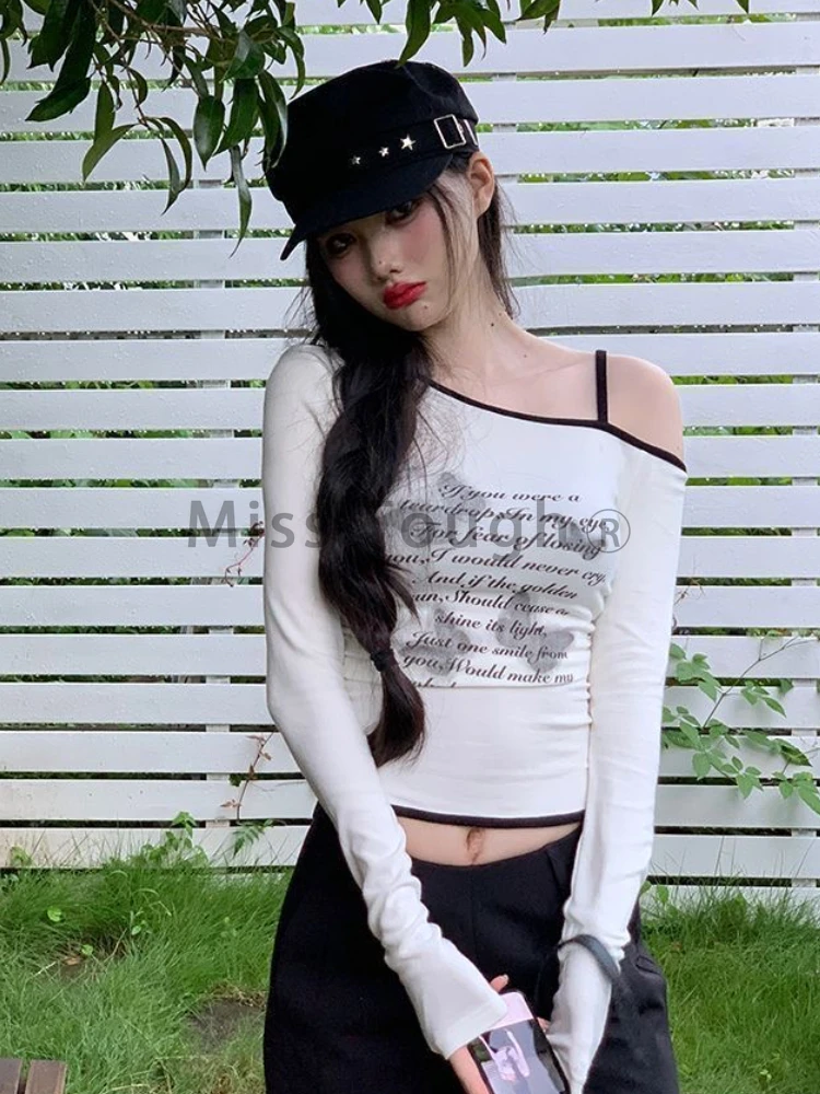 American Retro Y2K Patchwork T-Shirts Women Harajuku Off Shoulder Sexy Slim Top Female Korea Casual Tees New Design Fashion 2024