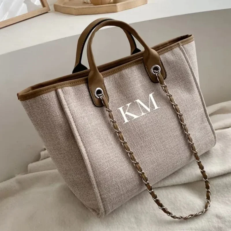 Personalised Chain Monogram Canvas Tote Bag Shoulder Bag Ladies Custom Handbag Birthday Hen Gift Bride Bridesmaids Gifts For Her