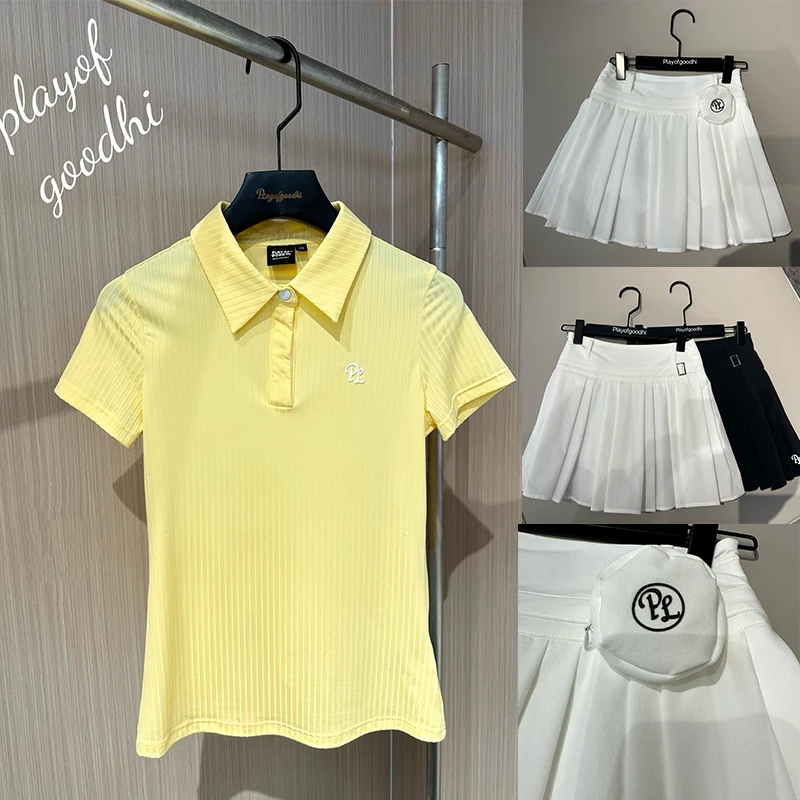 

PL New Summer Golf Women's Tops Sports Yellow Polo Shirt Lapel Short-sleeved Quick-dry T-shirt Lady Short Skirt Pleated Skorts
